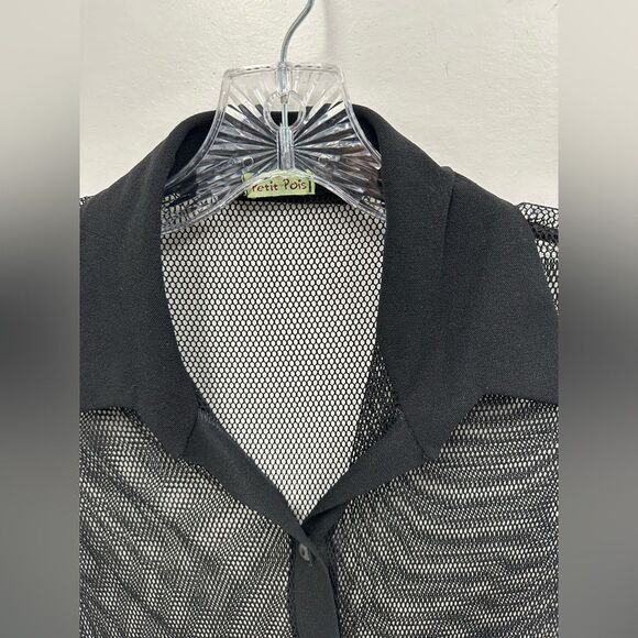Vintage Y2K Black Mesh Sheer Fish Net Short Sleeve Button Front Top Size M - Picture 8 of 10